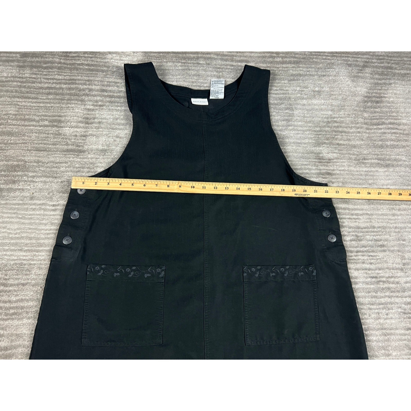 White Stag Jumper Dress Womens XL Black Corduroy Embroidered Floral Pockets 90s