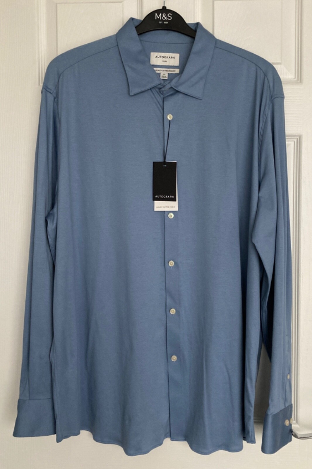 NEW M&S AUTOGRAPH Mens Light Blue Slim Fit Luxury Knitted Fabric Shirt Size 3XL