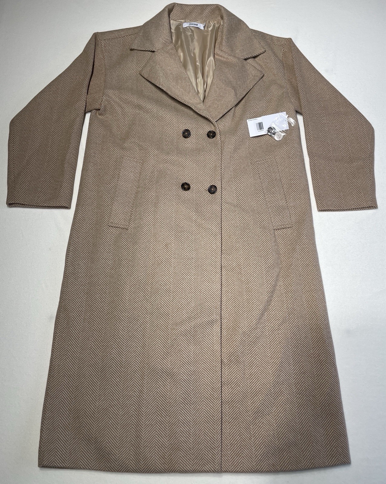 Justfab Womens Overcoat Large Long Beige Tan Coat Jacket Lined Long NWT