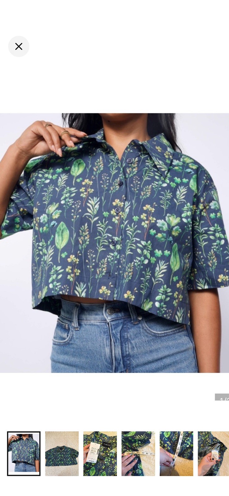 WILDFANG The Essential Cropped Button Up Womxns S Leaf Navy Botanical Print