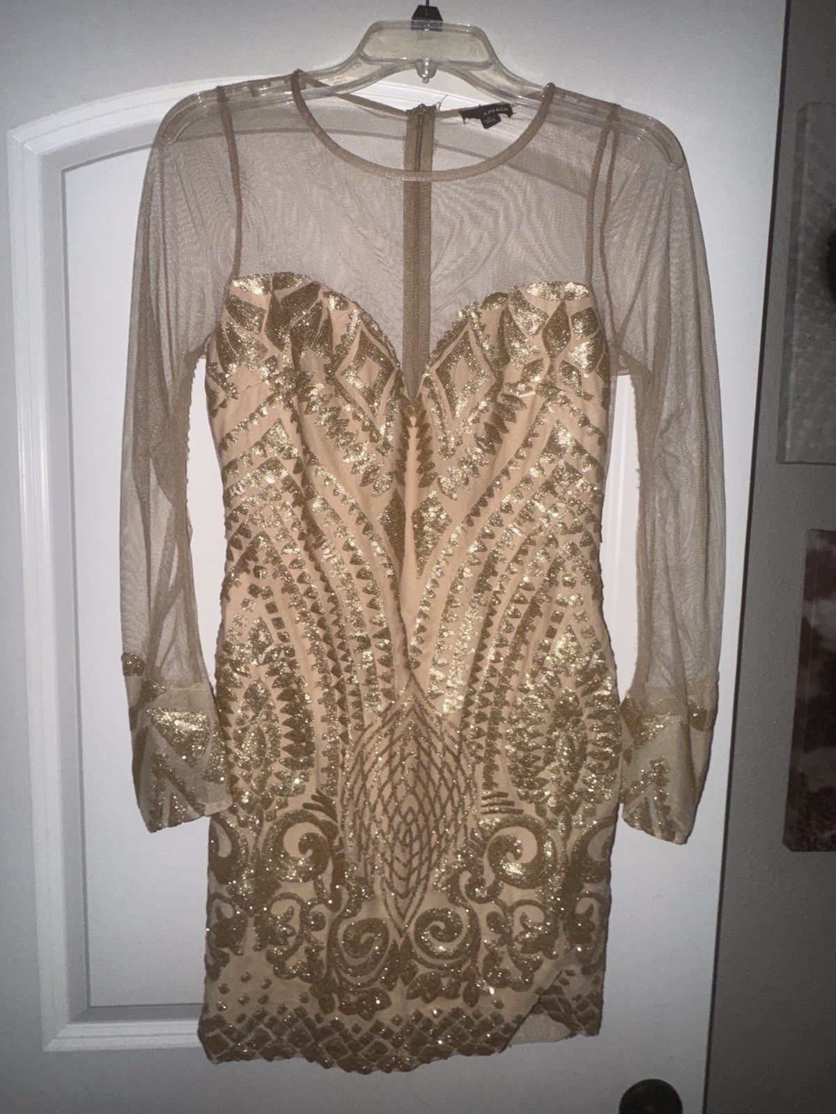 A.PEACH Gold Sequin Mesh Sheer Long Sleeve Bodycon Mini Dress Size M