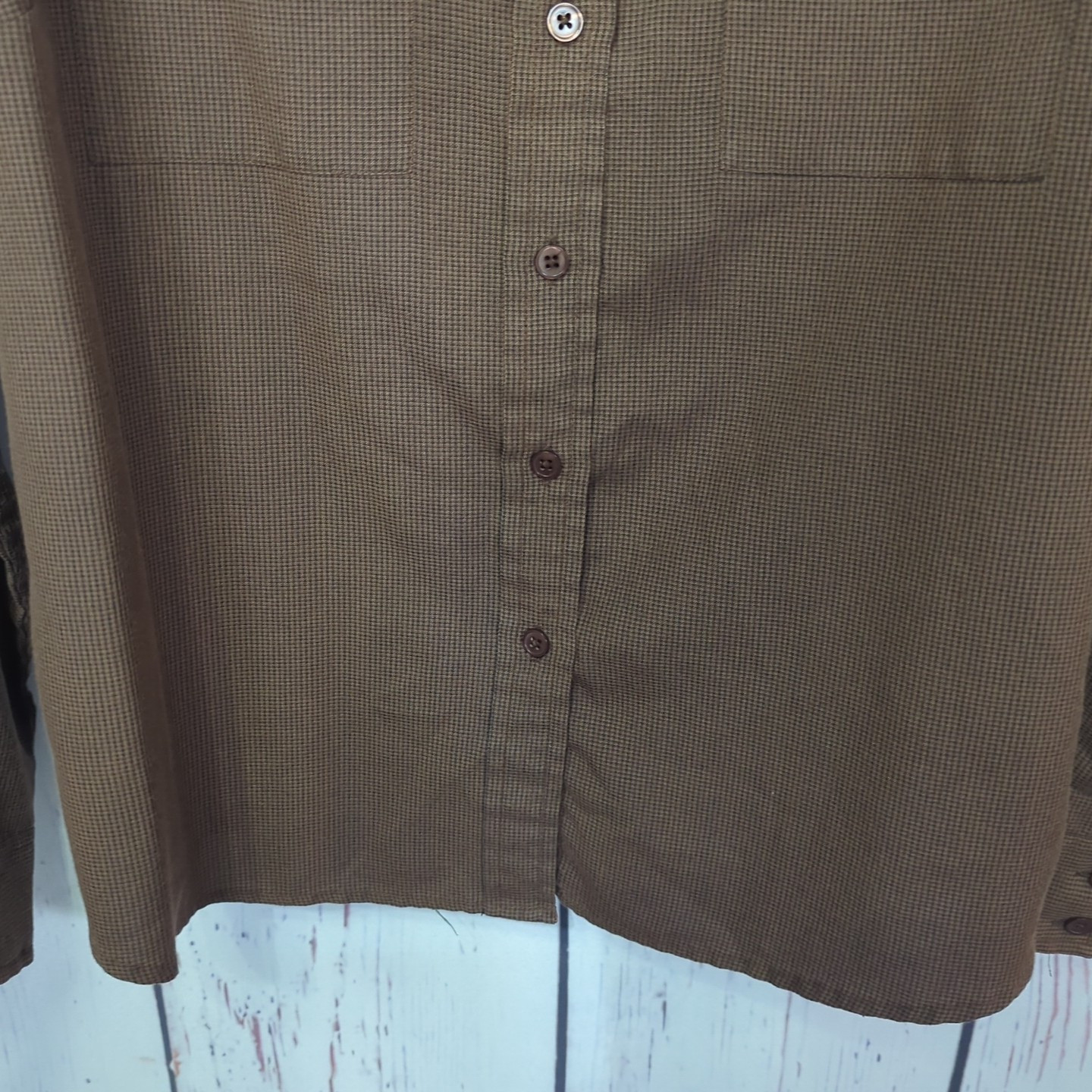 Dress Barn Collared Top Size M Brown Padded Shoulders Button Up EUC! [PT20]