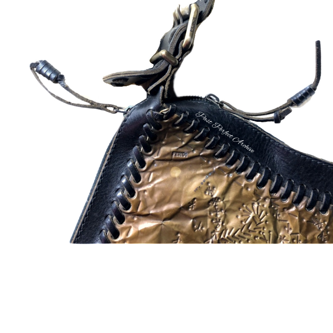 Fendi Vintage Oyster Leather Embossed Metal Runway Hobo Boho Shoulder Bag