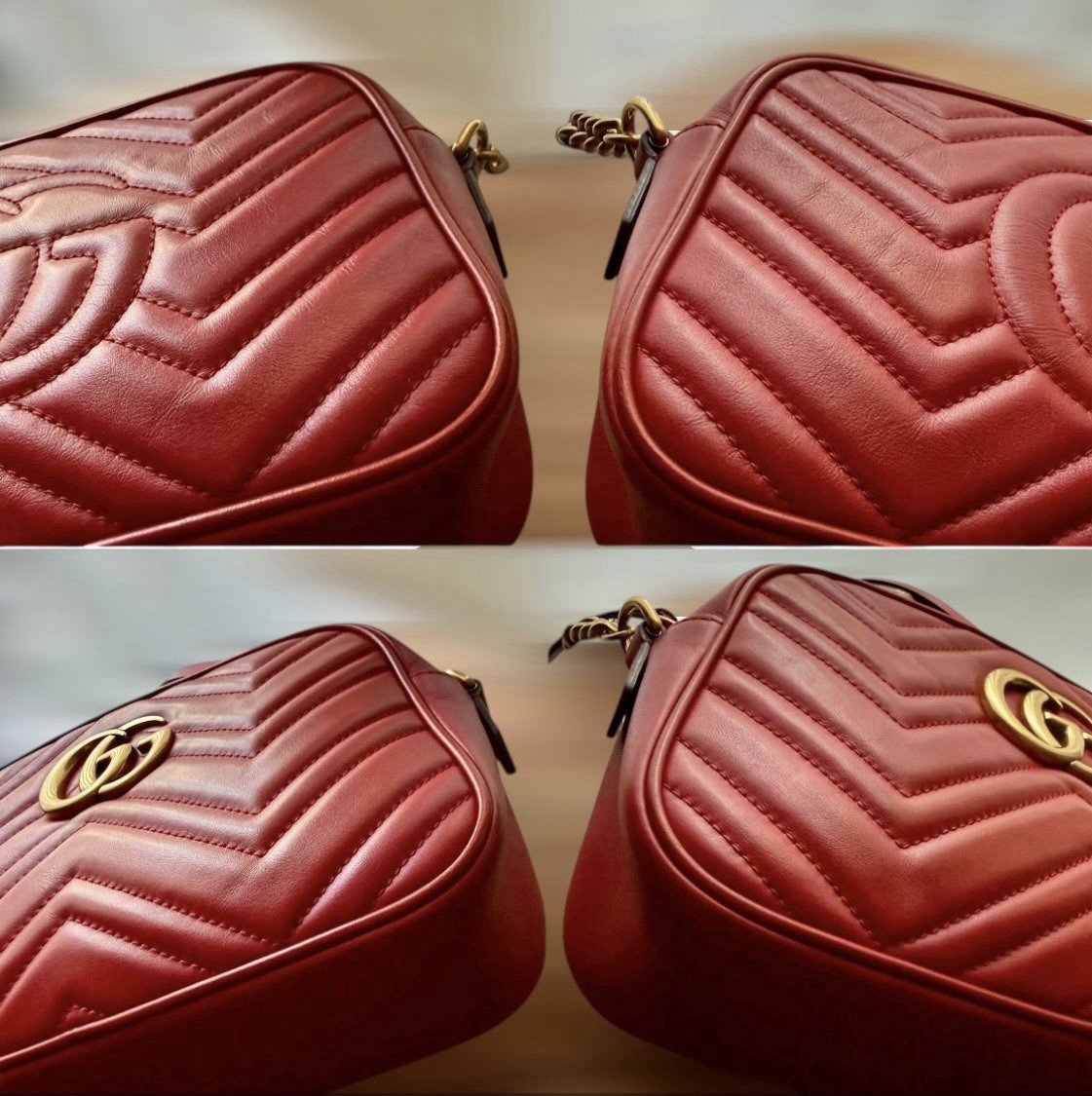 GUCCI GG Marmont Matelasse Red Leather Small Camera Shoulder Crossbody Bag