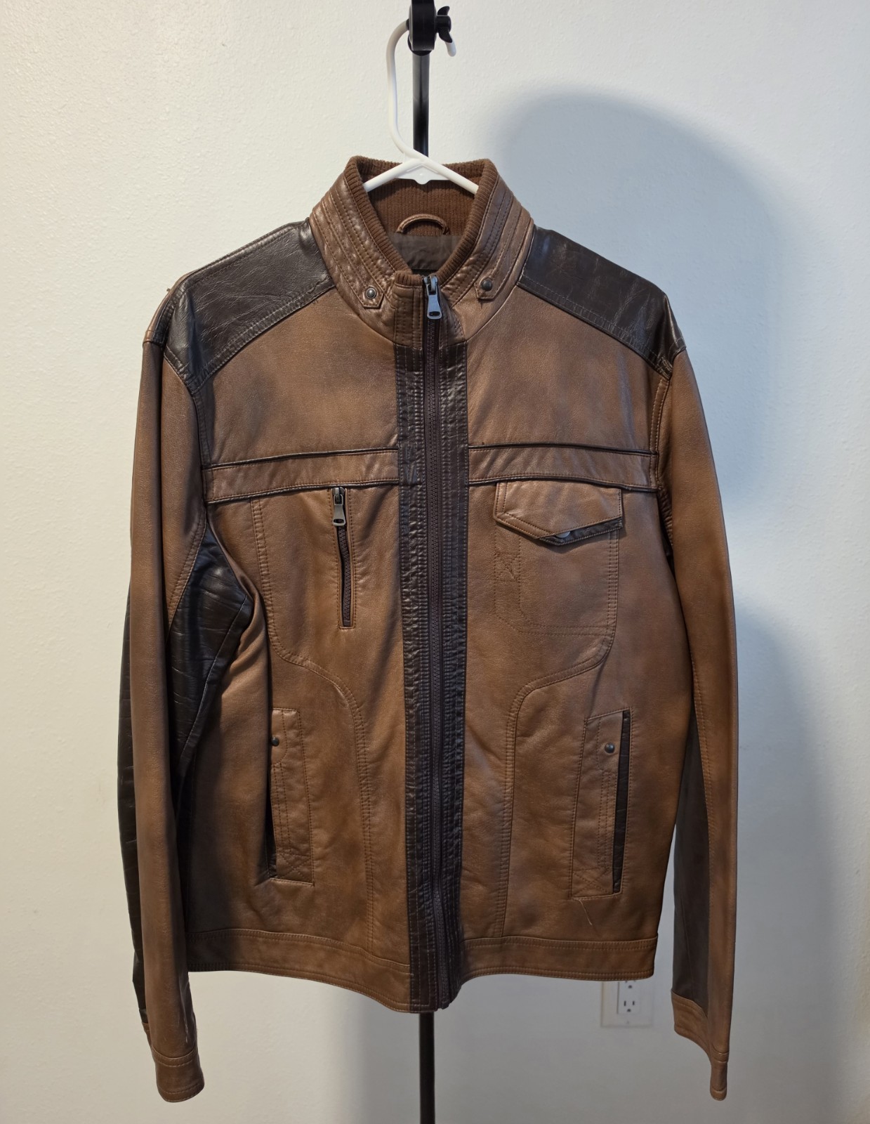 INC International Concepts Men’s Brown Faux Leather Moto Jacket Paneled Sz M