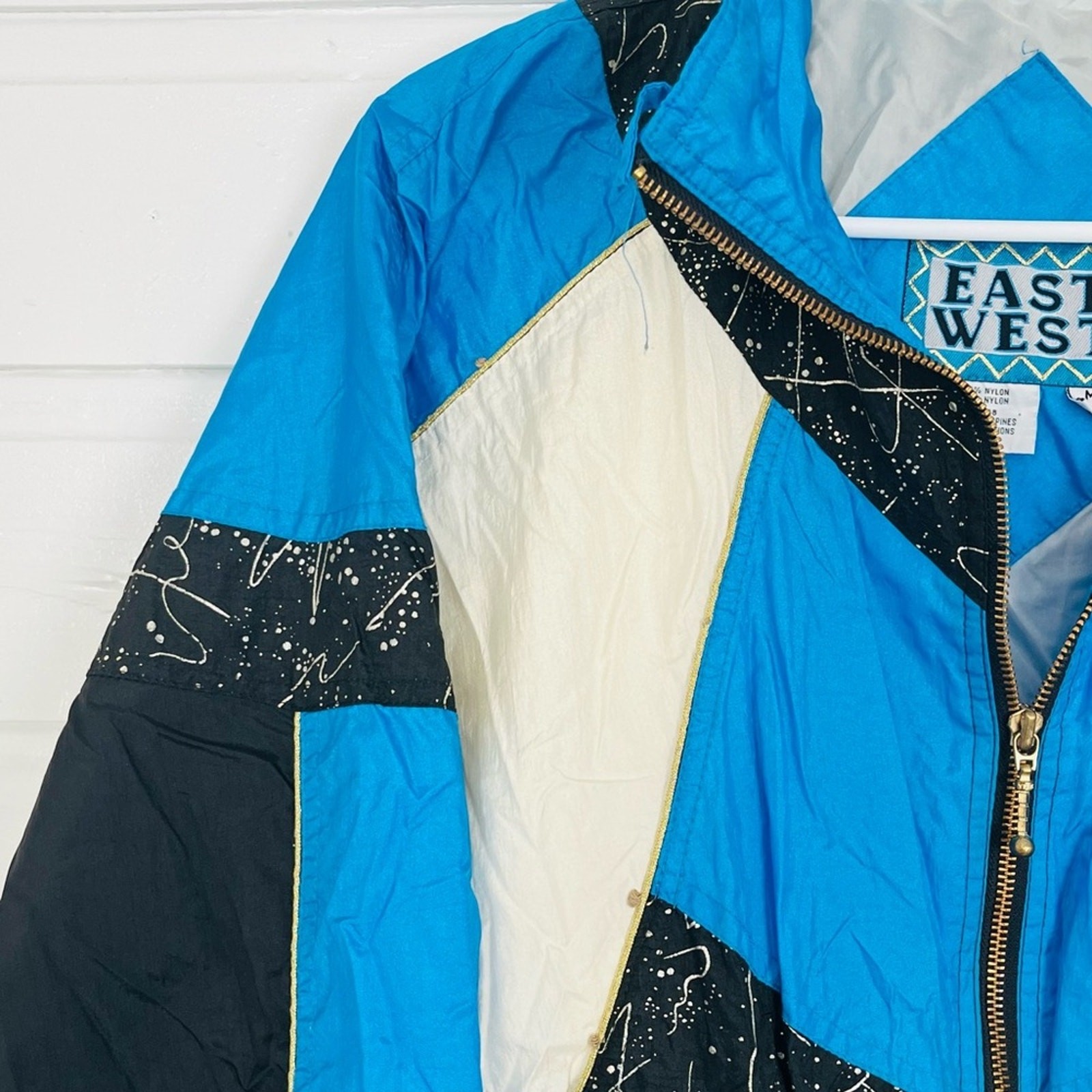 Vintage 90s Windbreaker Jacket Wacky Abstract Electric Blue Gold Black Splatter