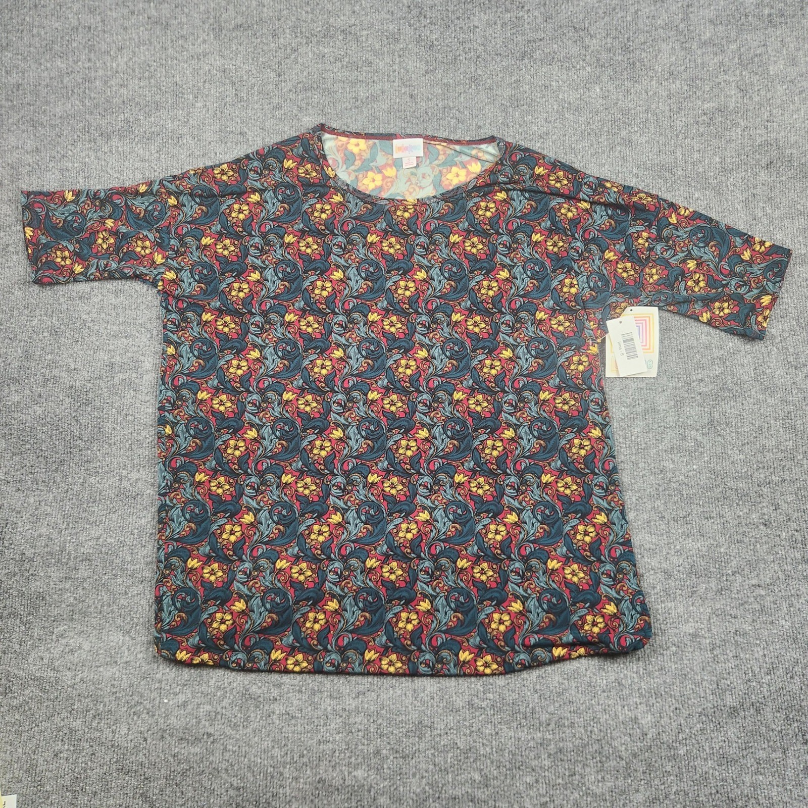 LuLaRoe Irma Tunic Top Womens Small Red Yellow Blue Floral Damask Short Sleeve
