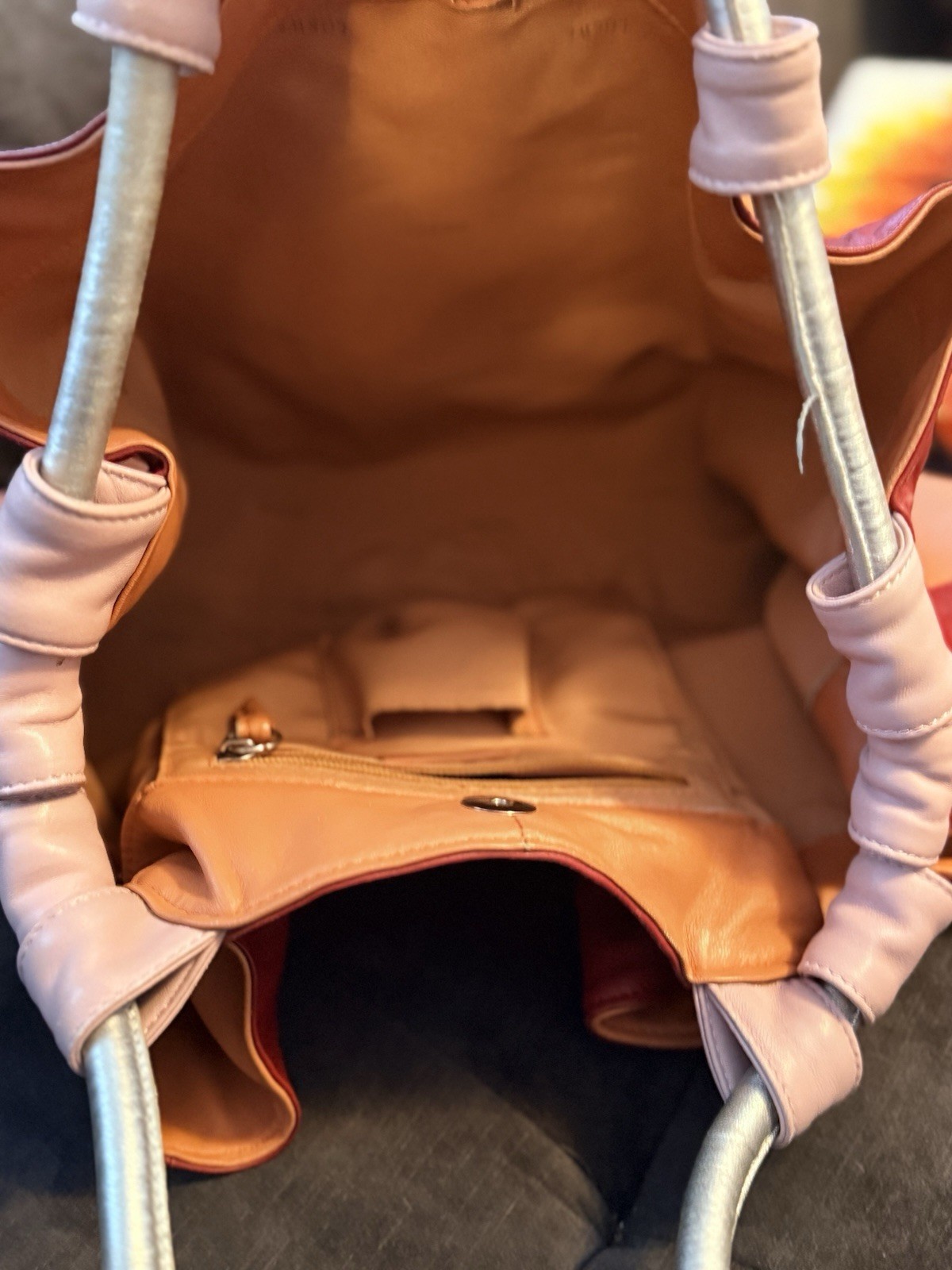 LOEWE ORANGE RED PINK SILVER LAMBSKIN NAPPA AIRE TOTE HANDBAG – Rare.