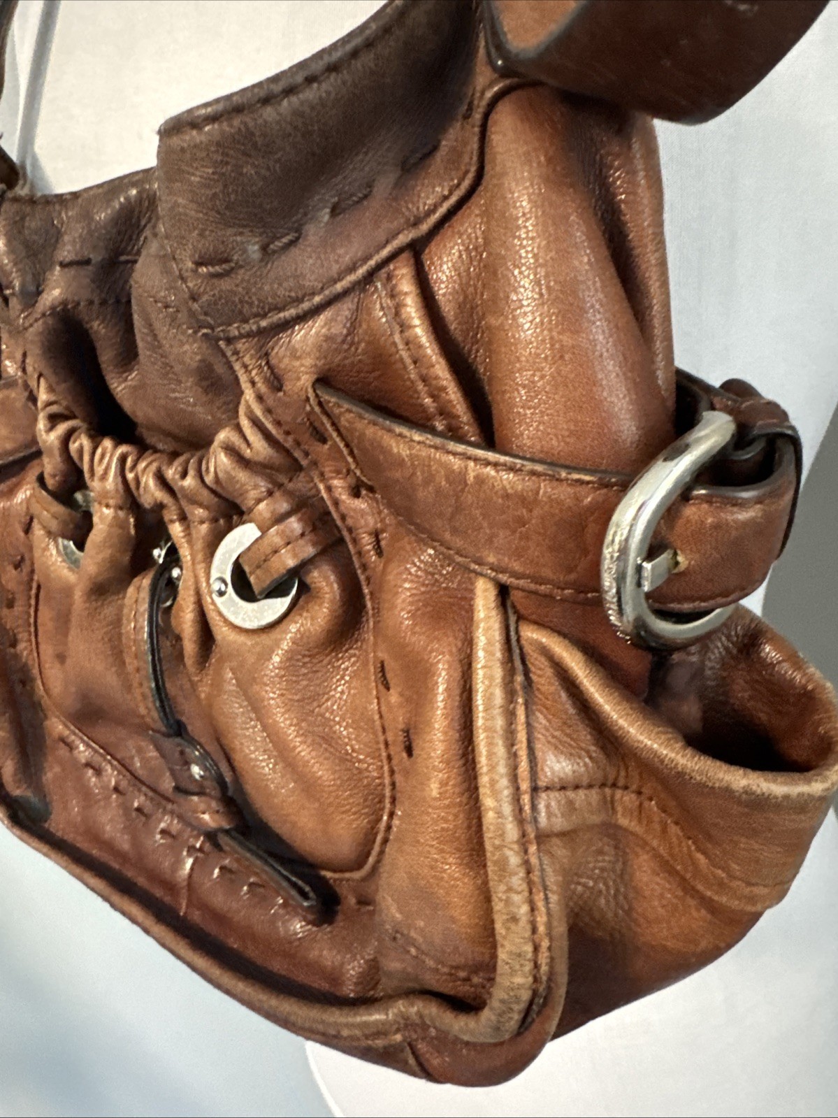 B. Makowsky Brown Leather Shoulder Bag Great Distressed Patina No Rips/Tears