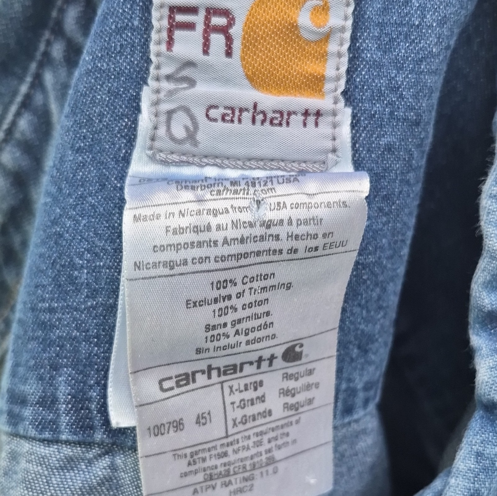 Carhartt FR Flame-Resistant Denim Cotton Button-Up Work Shirt Blue Men’s XL