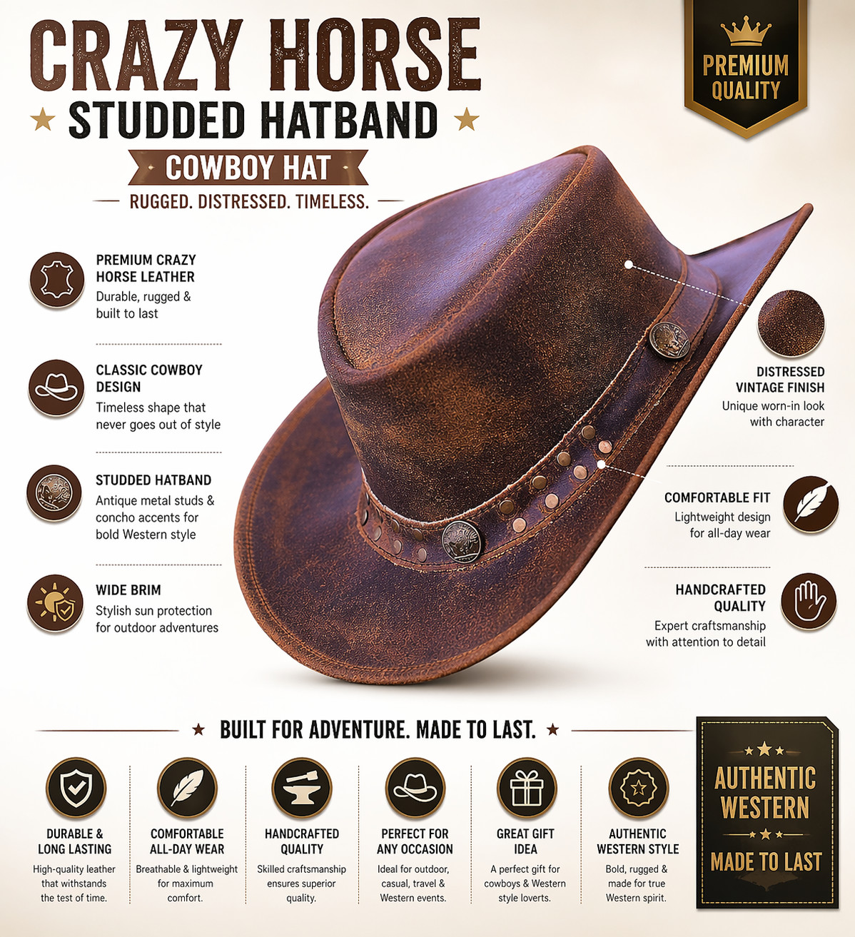 Genuine Leather Cowboy Hat Distressed Brown Crazy Horse Western Outback Bushman