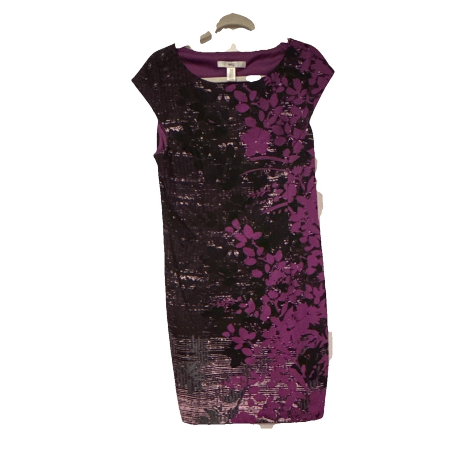 Wisp Purple Black Floral Sheath Dress Cap Sleeve Knee Length 16 Polyester
