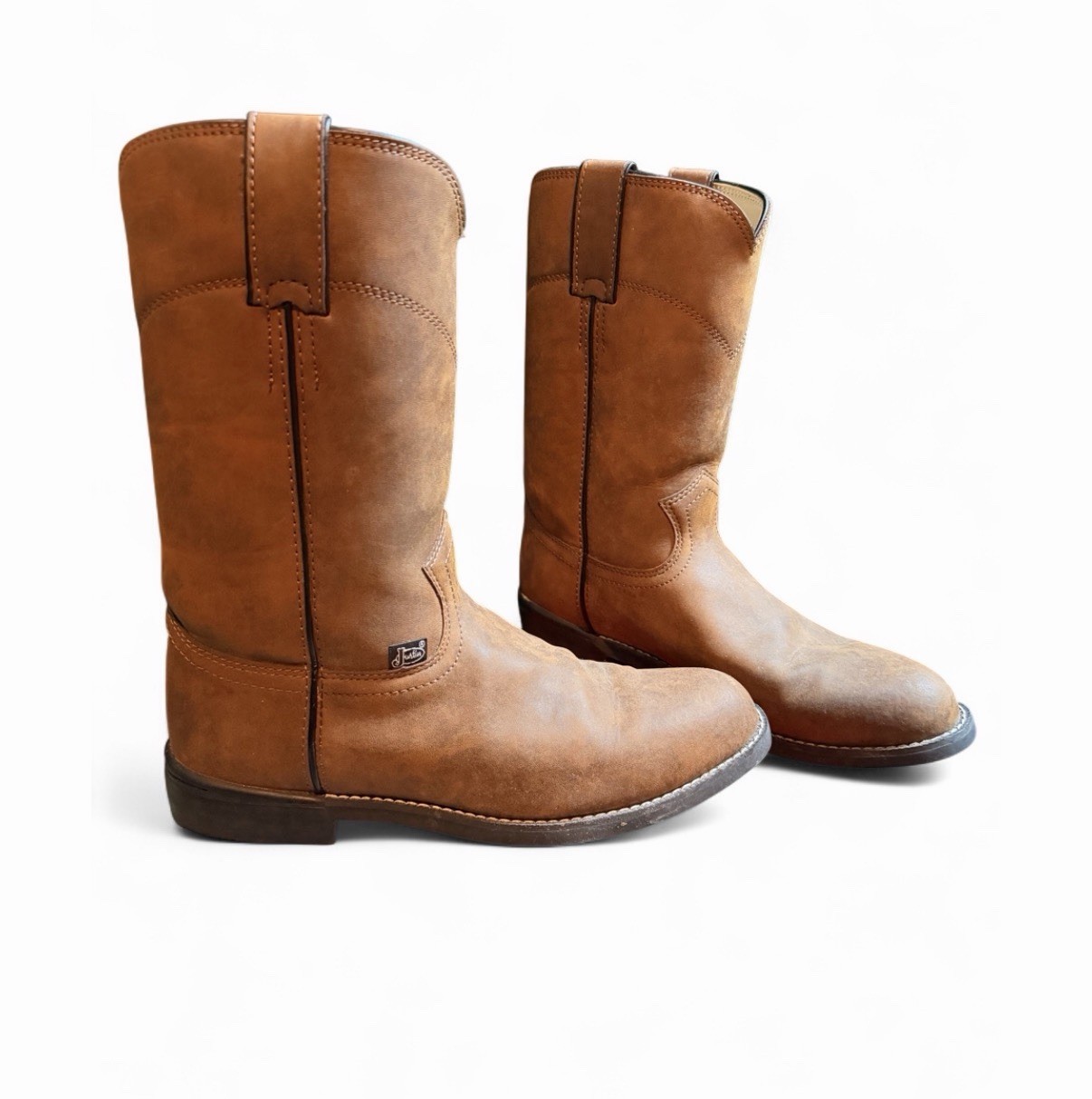 Justin Basics Men’s Brown Leather Western Pull-On Mid-Calf Round Toe Boots 7