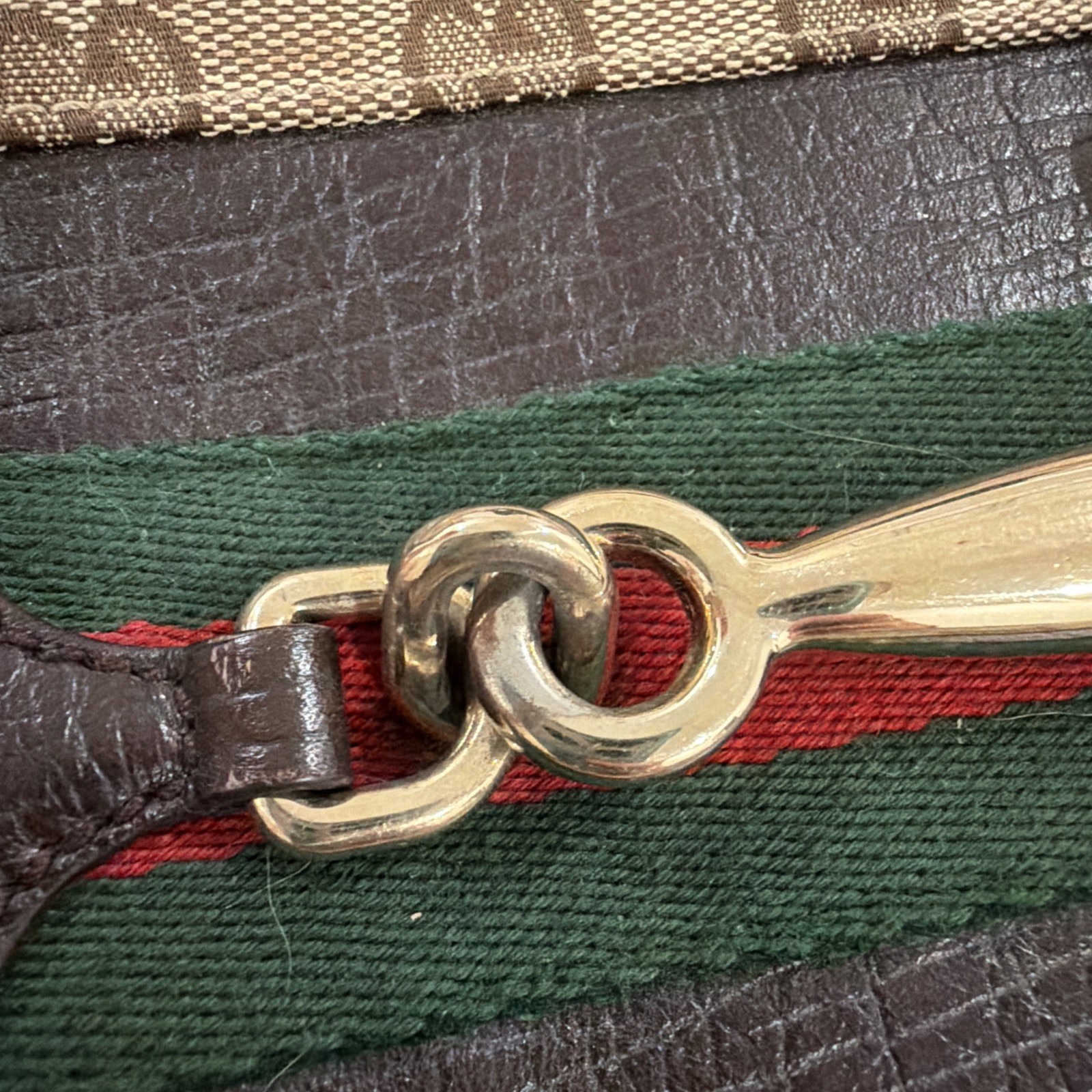 Gucci Heritage Horsebit Hobo In GG Canvas, Brown Leather Gold Bit