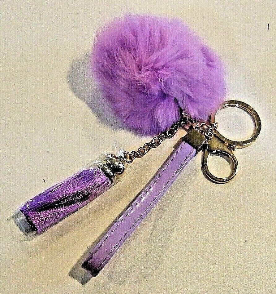 Violet Faux Fur Pom Gold Purse Clip Keychain With Faux Leather Handle (A) – NEW