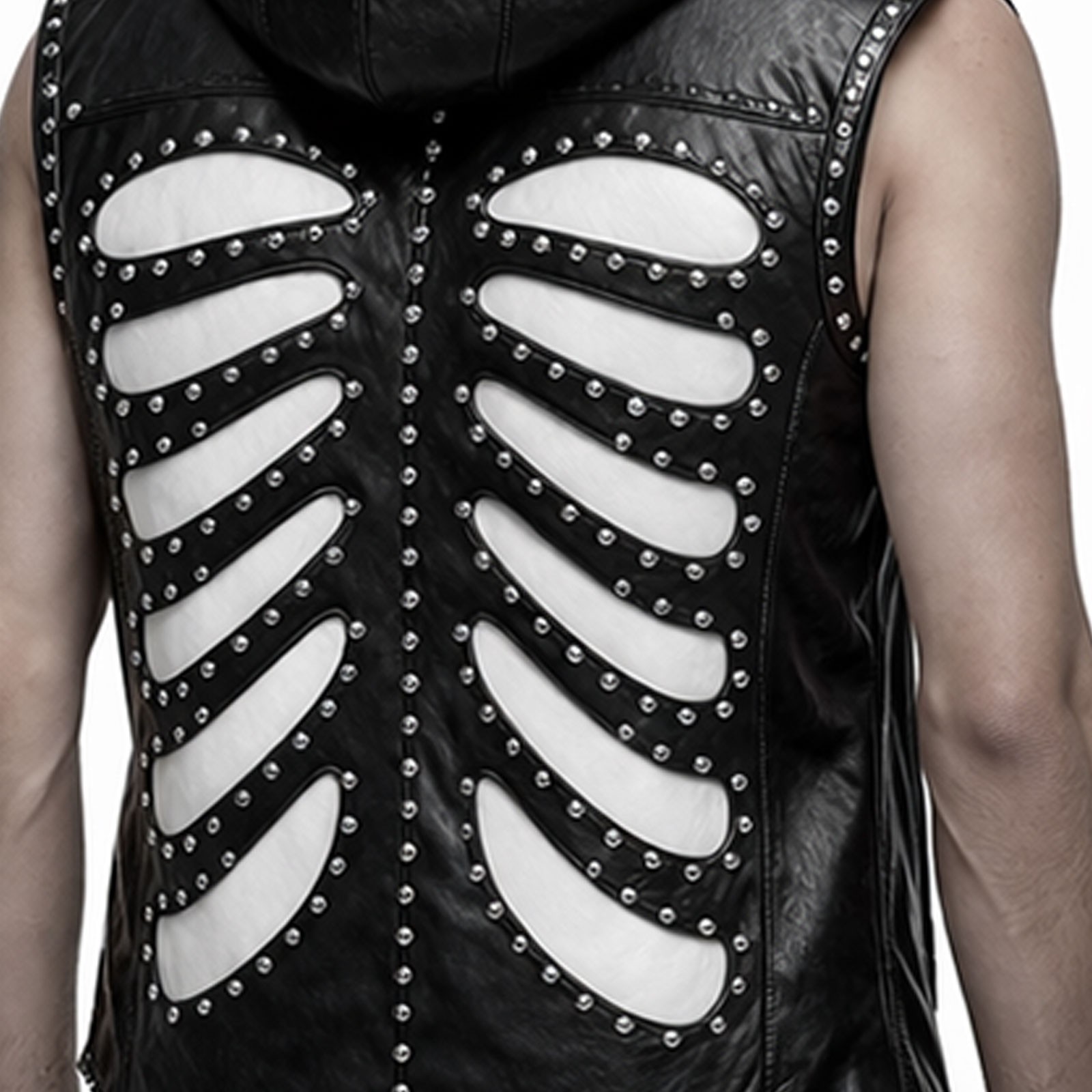 Black Gothic Genuine Leather Vest Hoodie Skeleton Rib Cage Studded Punk Jacket