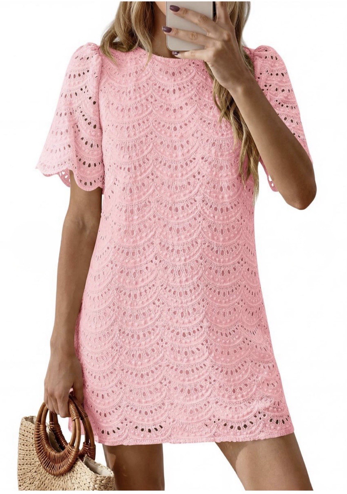 PRETTYGARDEN Eyelet Lace Mini Dress l Large l Boho Cotton Beach Vacation Dress