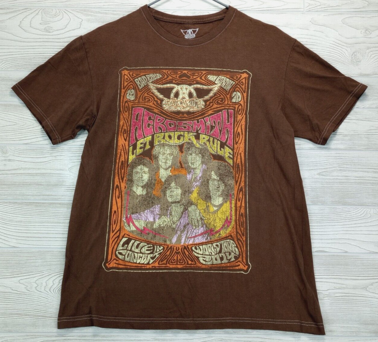 Aerosmith Let Rock Rule Shirt Large World Tour 2014 Retro Reprint 2023 *FLAW*