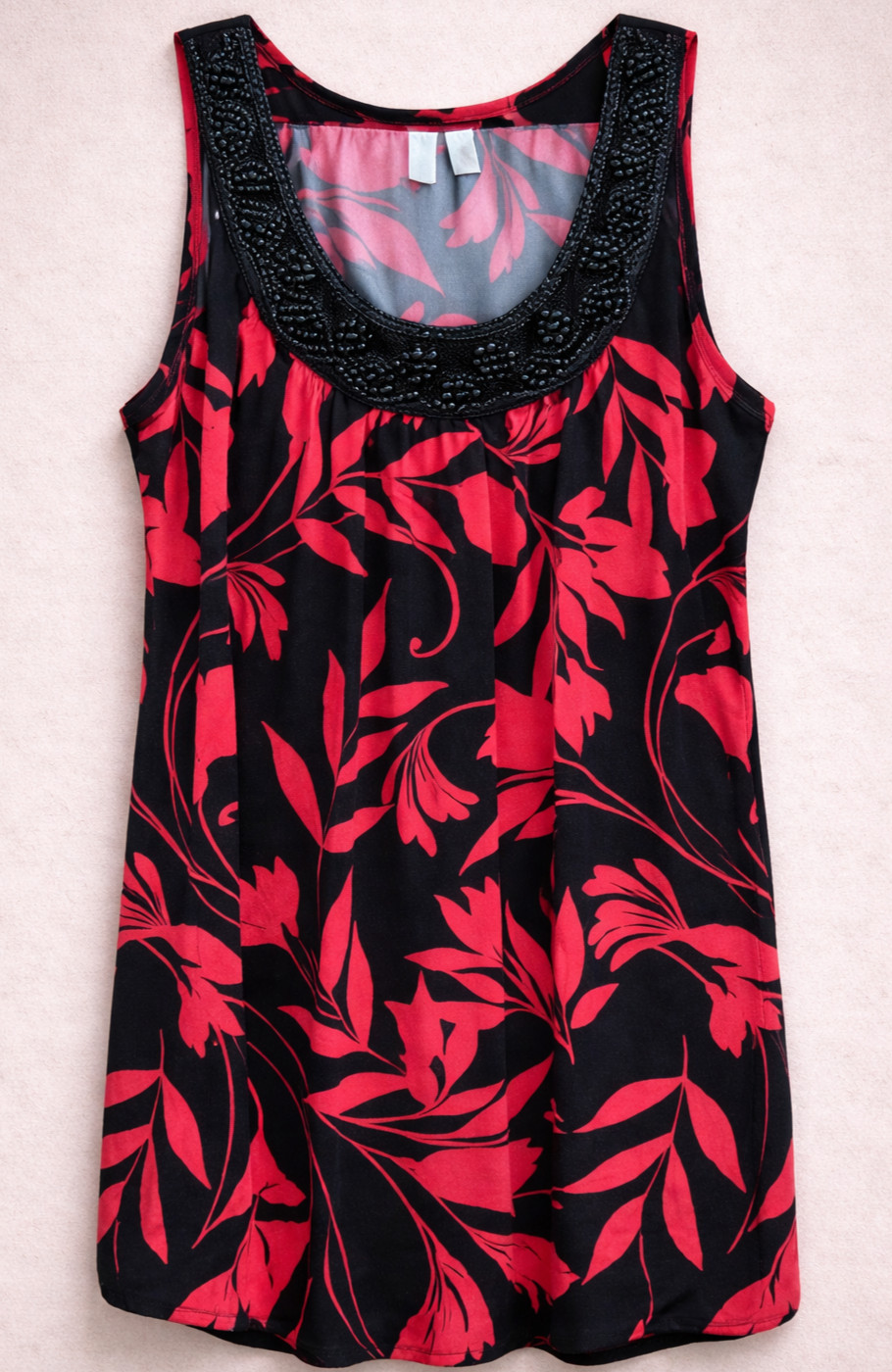 Y2K Beaded Tropical Tank Top Womens L Black Red Floral Sleeveless Blouse Madison