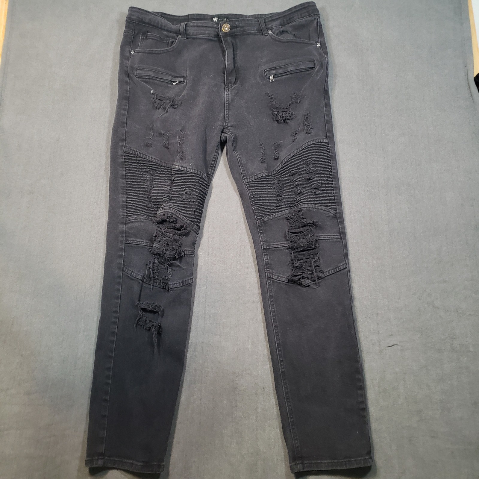 Waimea Skinny Distressed Moto Jeans Mens 40×32 Black Ripped Streetwear Biker