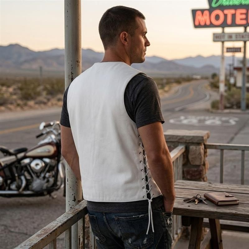 Mens Genuine Leather 10 Pockets Motorcycle Biker Club Vest White SOA 3540White