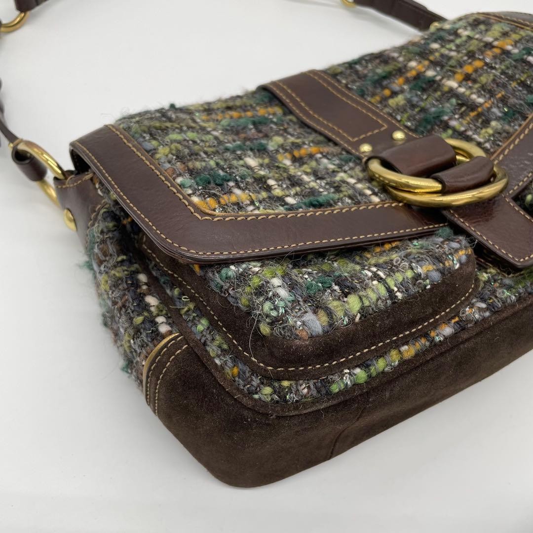 COACH 8F18 Shoulder Bag Handbag Wool Leather Suede Multicolor Brown Green Blue