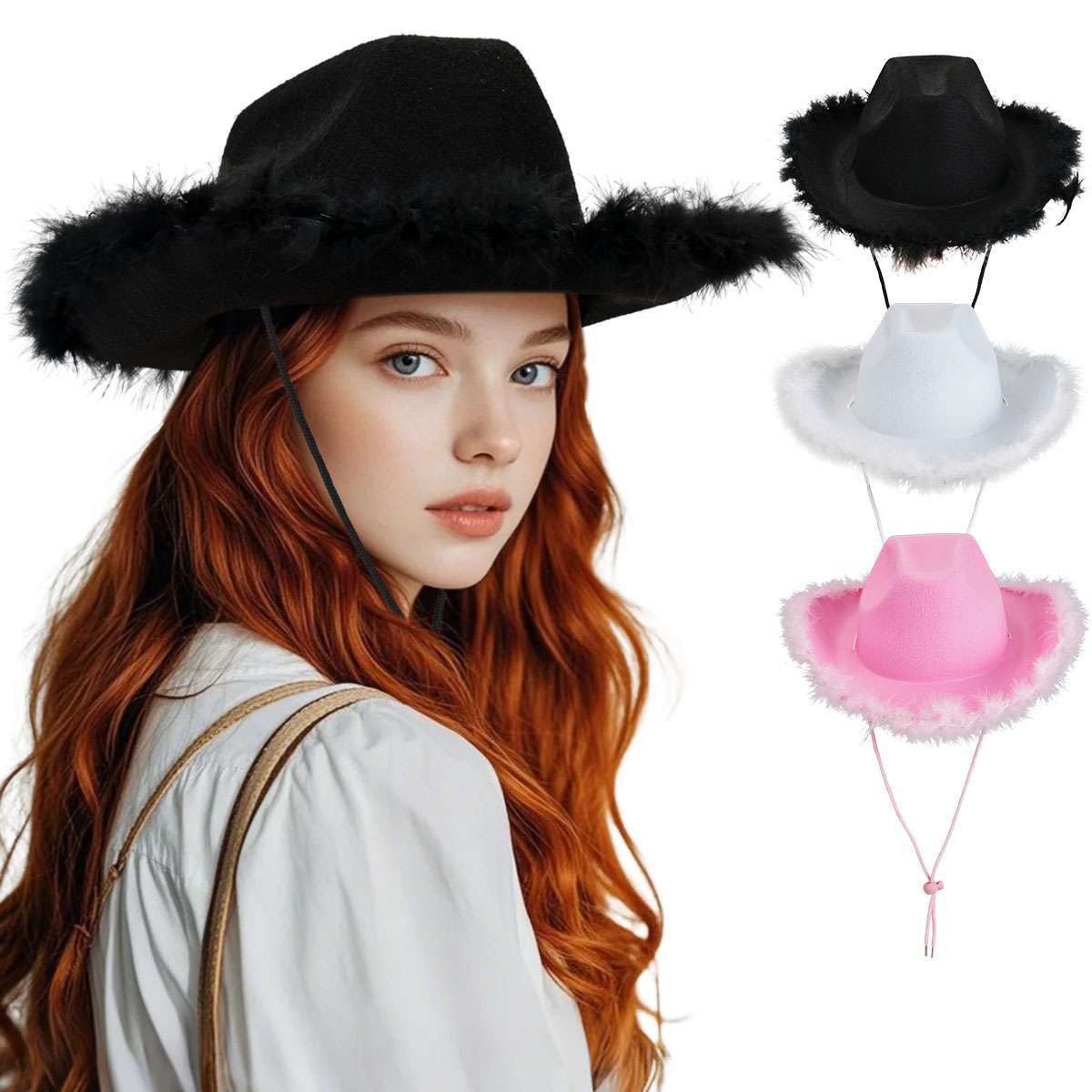 Cowgirl Hat with Fluffy Feather Novelty Cowboy Party Costume Role Play Cap Solid