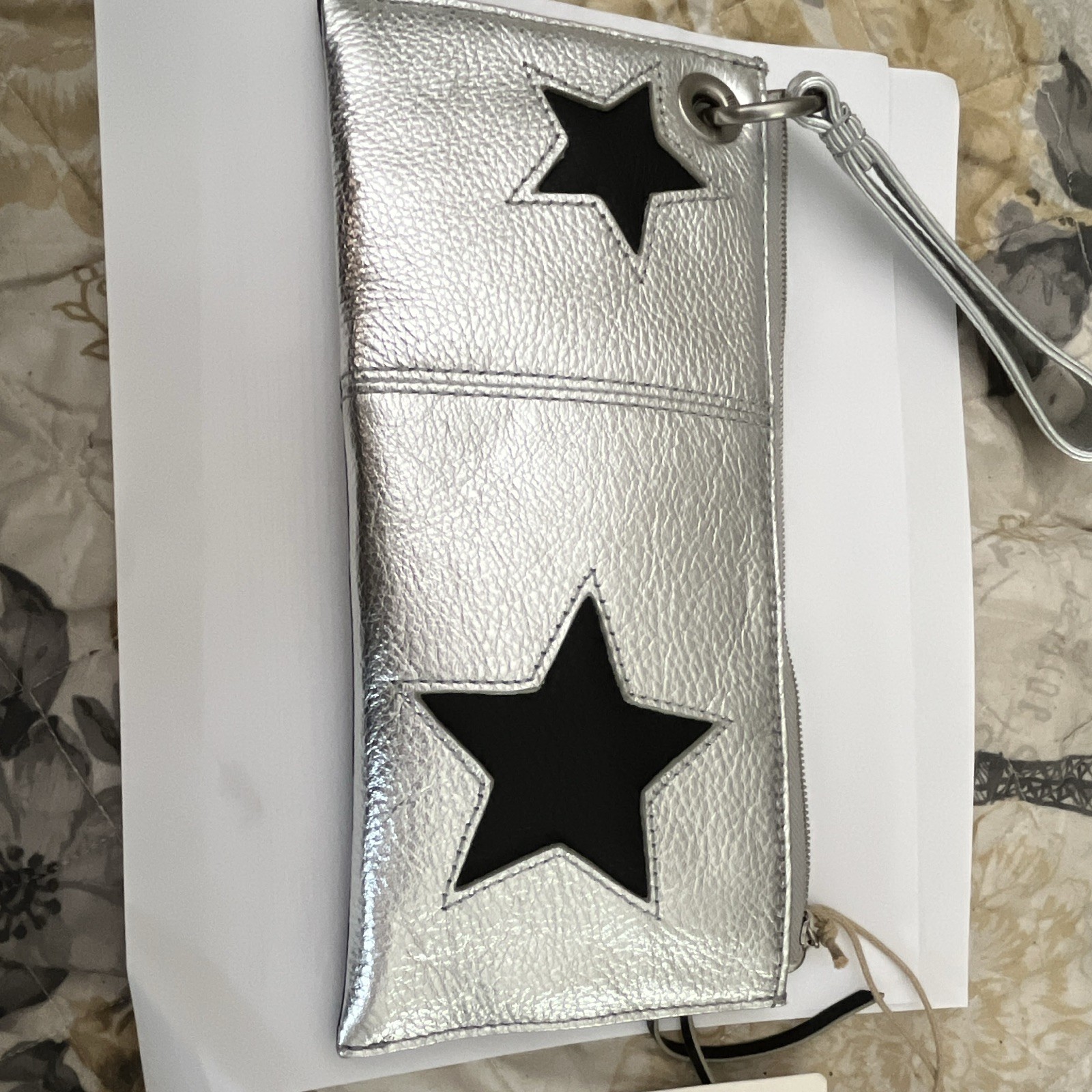 HOBO Silver/Black Star Wristlet Wallet, Zip, Wrist Strap, Credit Card Slots