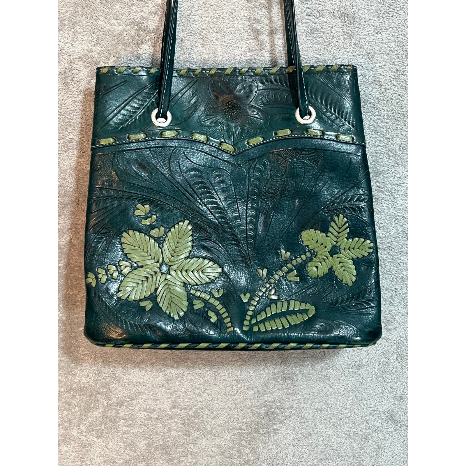 Tooled Leather Purse Green Floral Handmade in Paraguay Handmade Boho Western