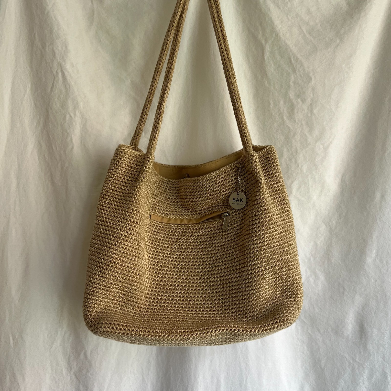 The Sak Original Crochet Tote Bag Beige Woven Shoulder Bag Large Boho Purse