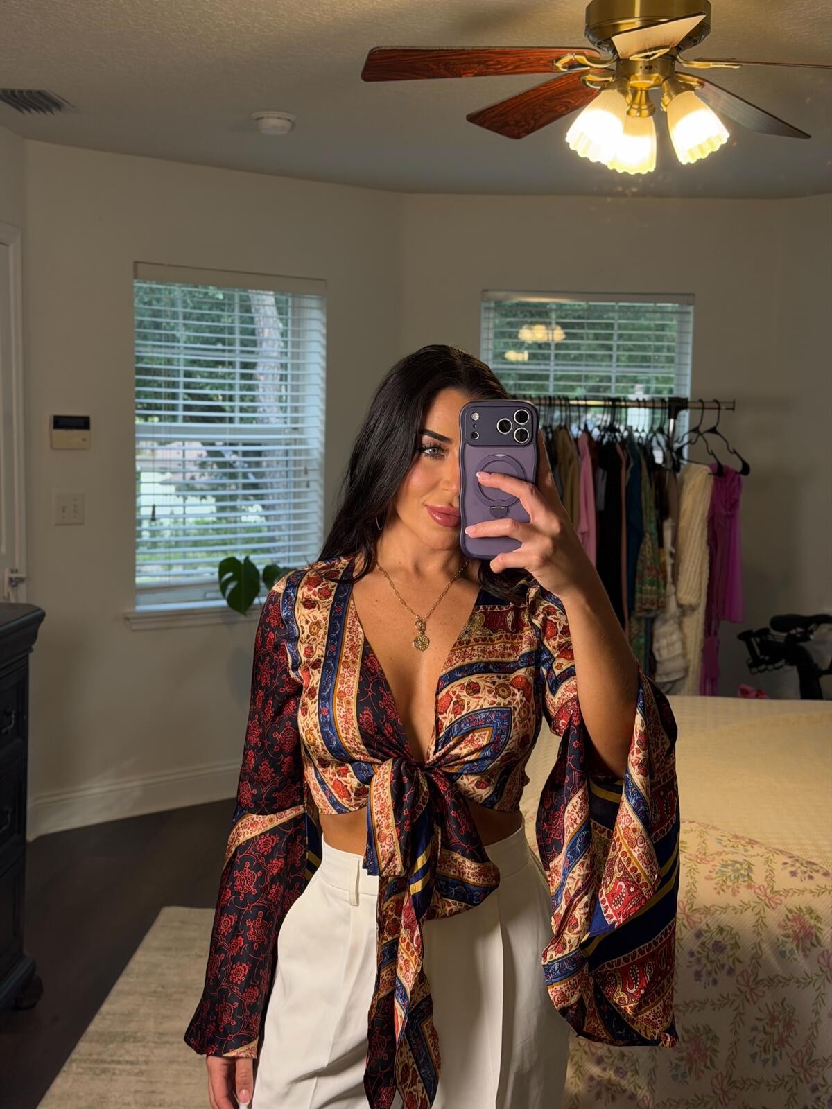 Boho Paisley Bell Sleeve Tie Front Crop Top Cider Festival Hippie