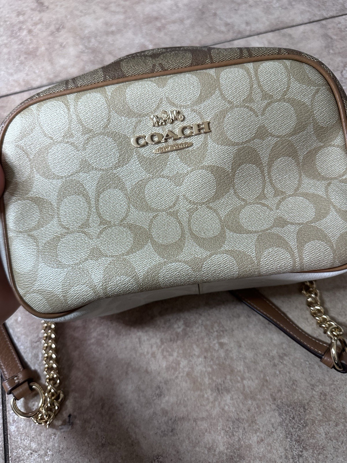 Coach Signature Mini Leather Camera Crossbody Bag Gold/Tan/Brown Chain