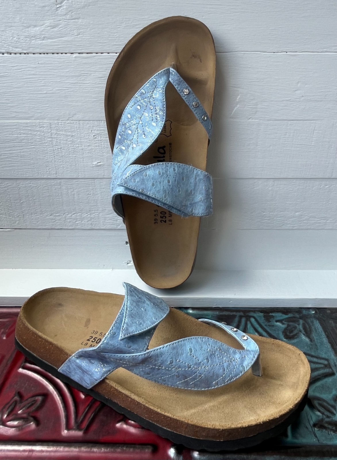 Betula Birkenstock Bombay Leaf Sandal Womens 8 EU 39 Blue Leather Birko Flor