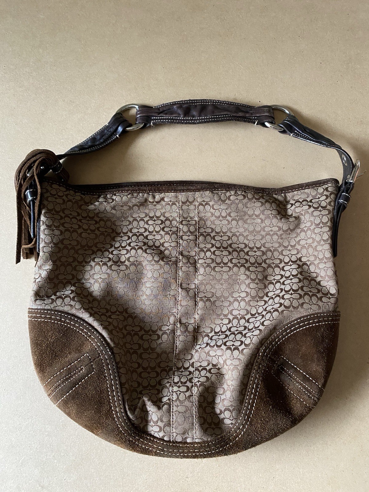 Y2K Coach 2158 Signature C Jacquard Suede Brown Hobo Shoulder Bag Tassel Boho