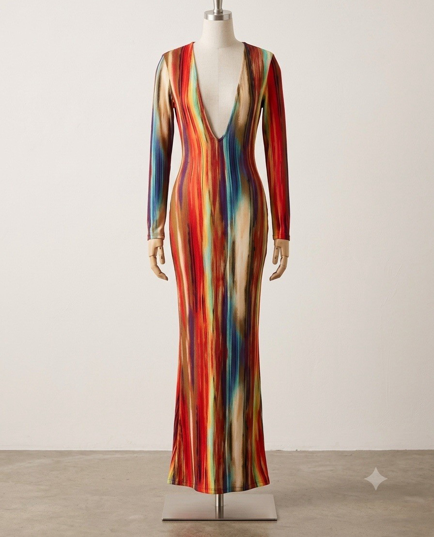 Fashion Nova Women’s Maxi Dress V-Neck Long Sleeve Striped Multicolor Size S