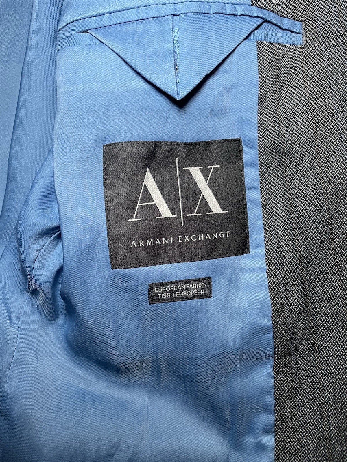 Armani Exchange Blazer Jacket Mens 46R Grey Blue Pinstripe Wool Blend Holiday
