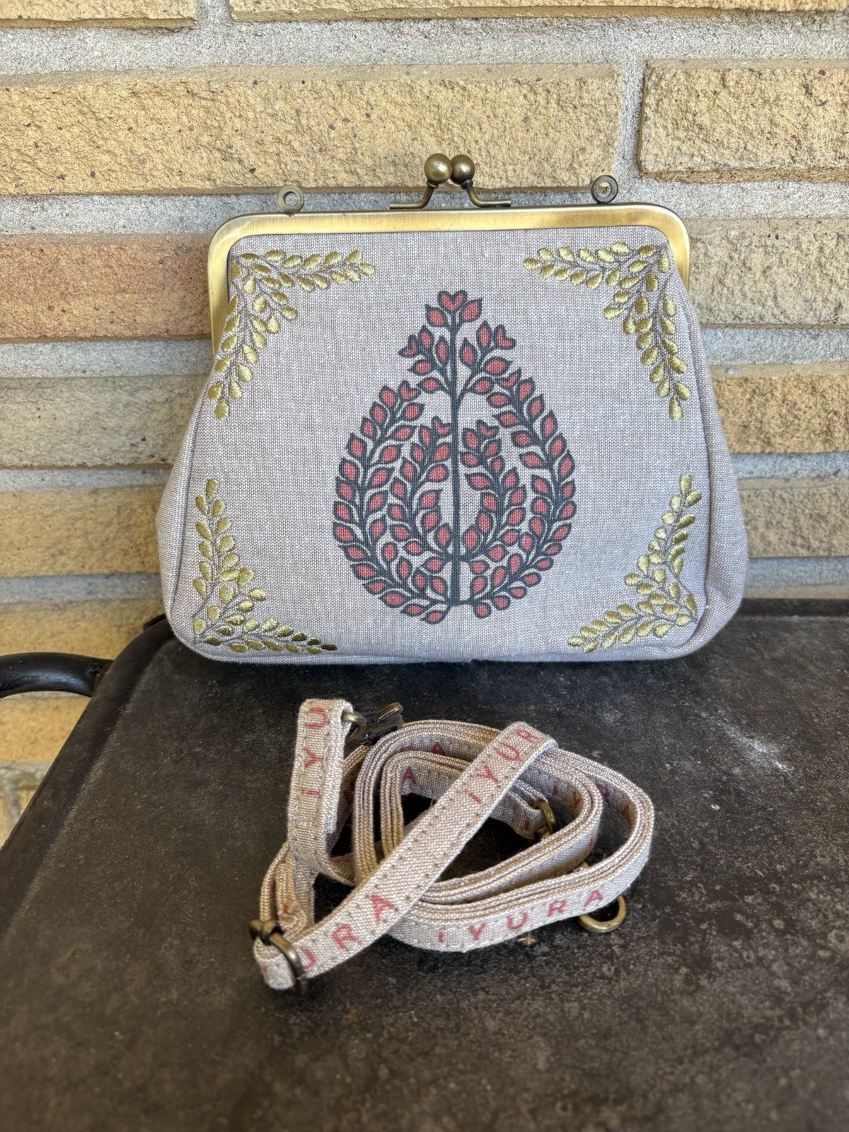Iyura Tan Gold Embroidered Baroque Leaf Pattern Mini Fabric Frame Bag