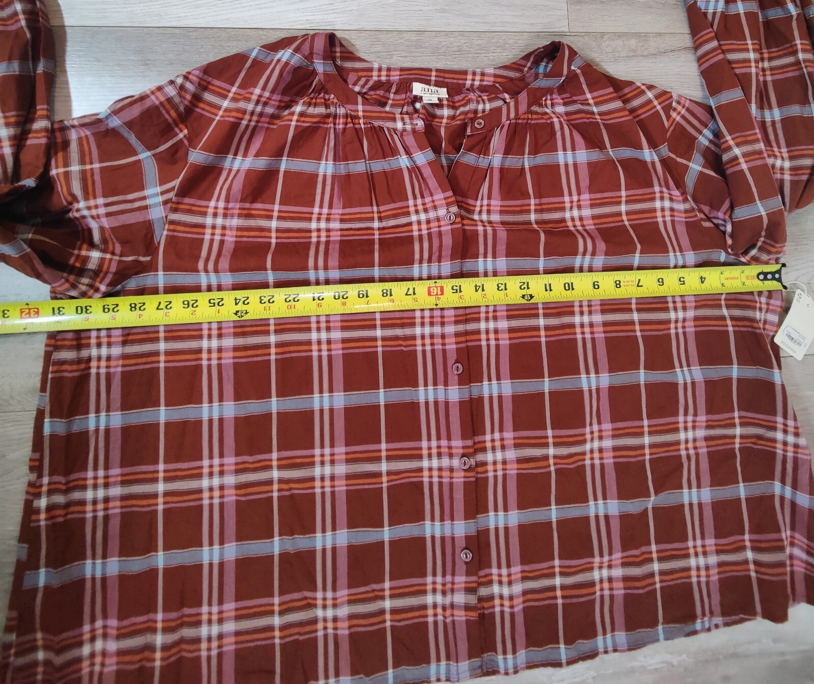 A.N.A Womens 3X Brown Multi Color Front Button Up Plaid Blouse 100%Cotton NWT