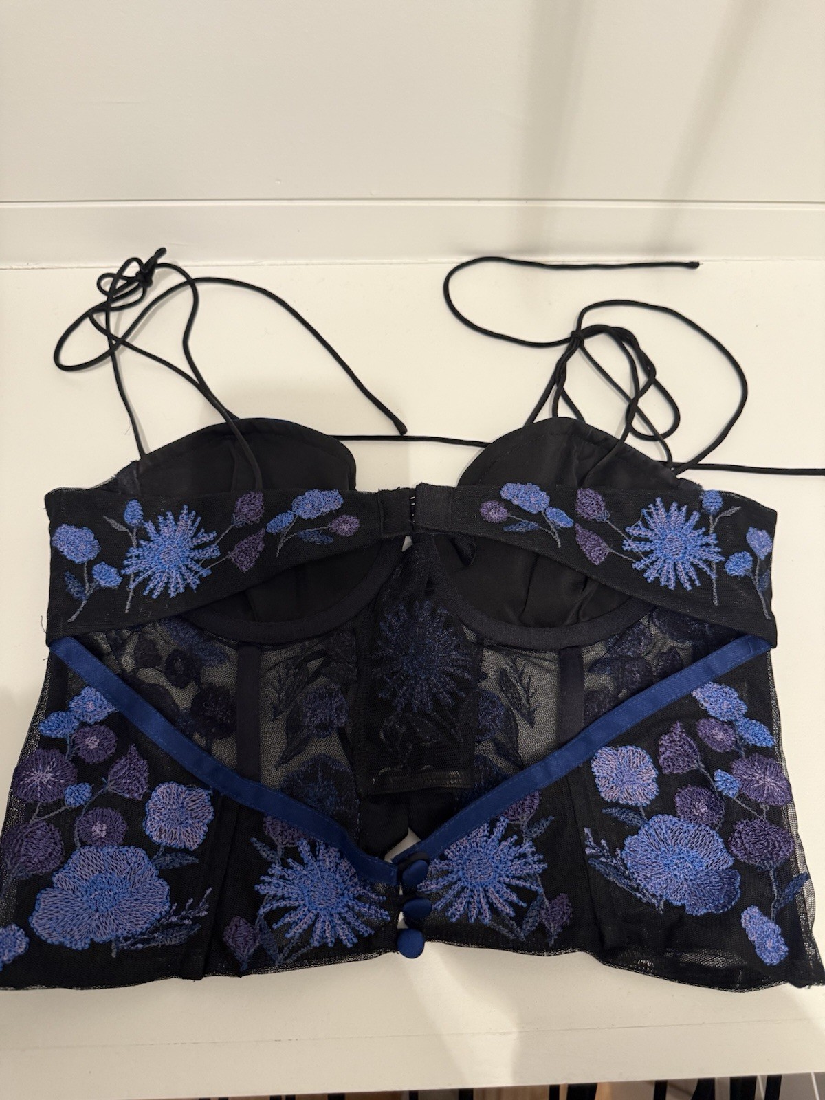 For Love & Lemons Kaylee Corset Bustier XS Black/Blue Floral Lace-Up Boned