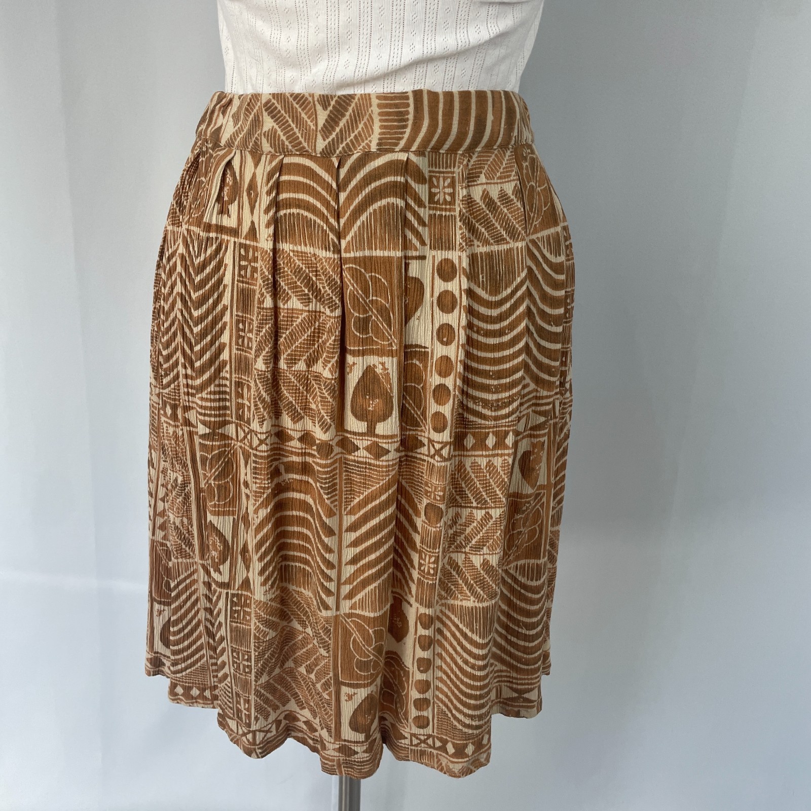Vintage A Line Mini Skirt Small Brown Tan Tribal Boho Lagenlook Pleated Skater