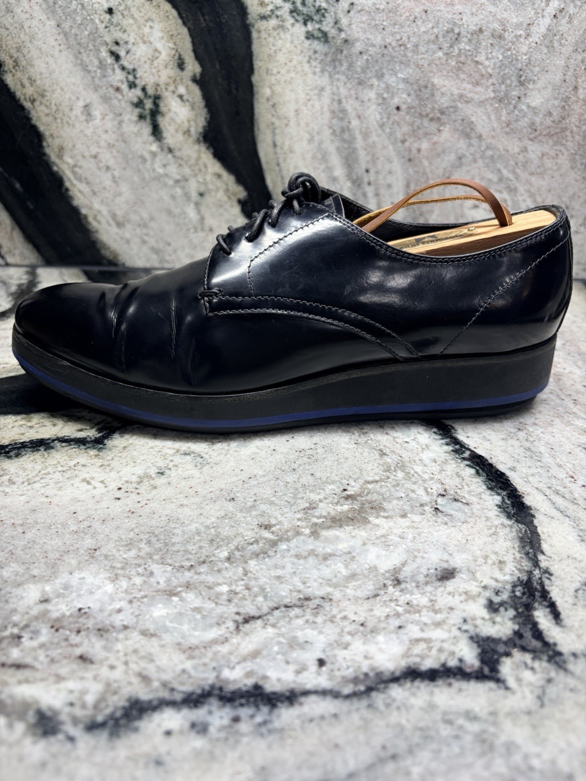 Prada Black Leather Derby Shoes Blue Rubber Sole Women’s EU 37 US 7 Italy