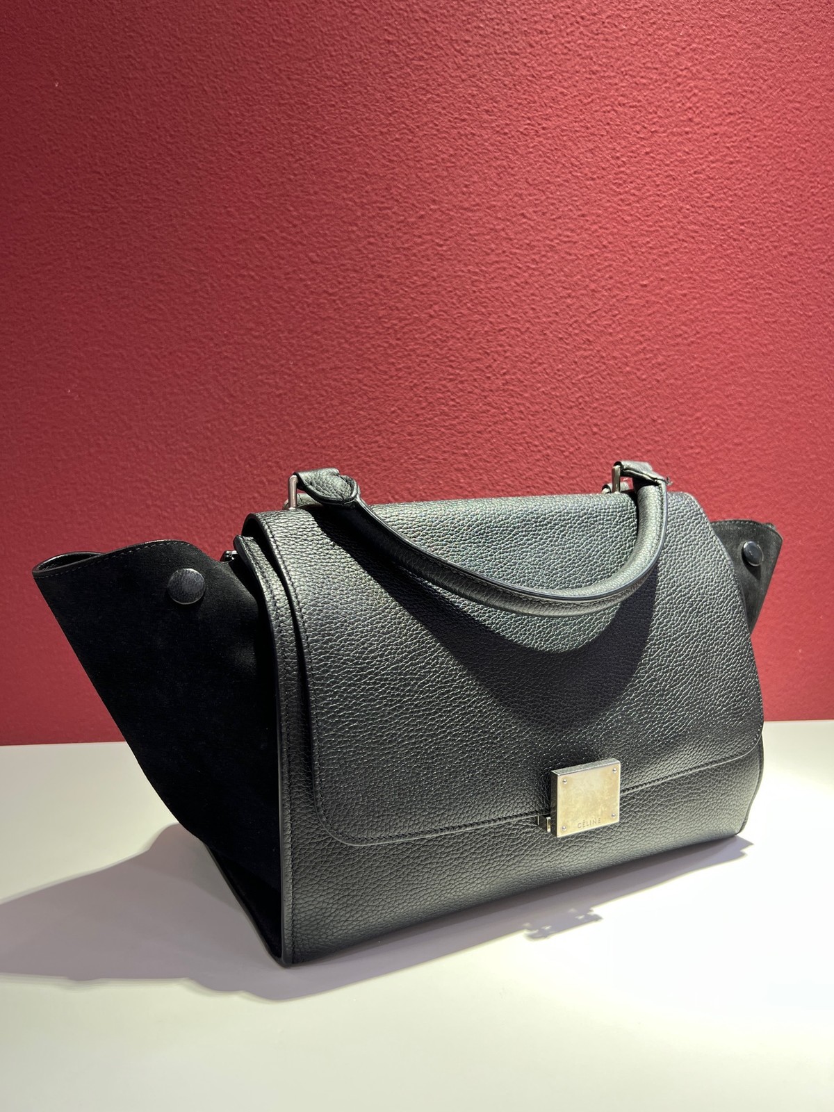 AUTH CELINE Trapeze Medium Black Grained Calfskin Suede Top Handle Crossbody Bag