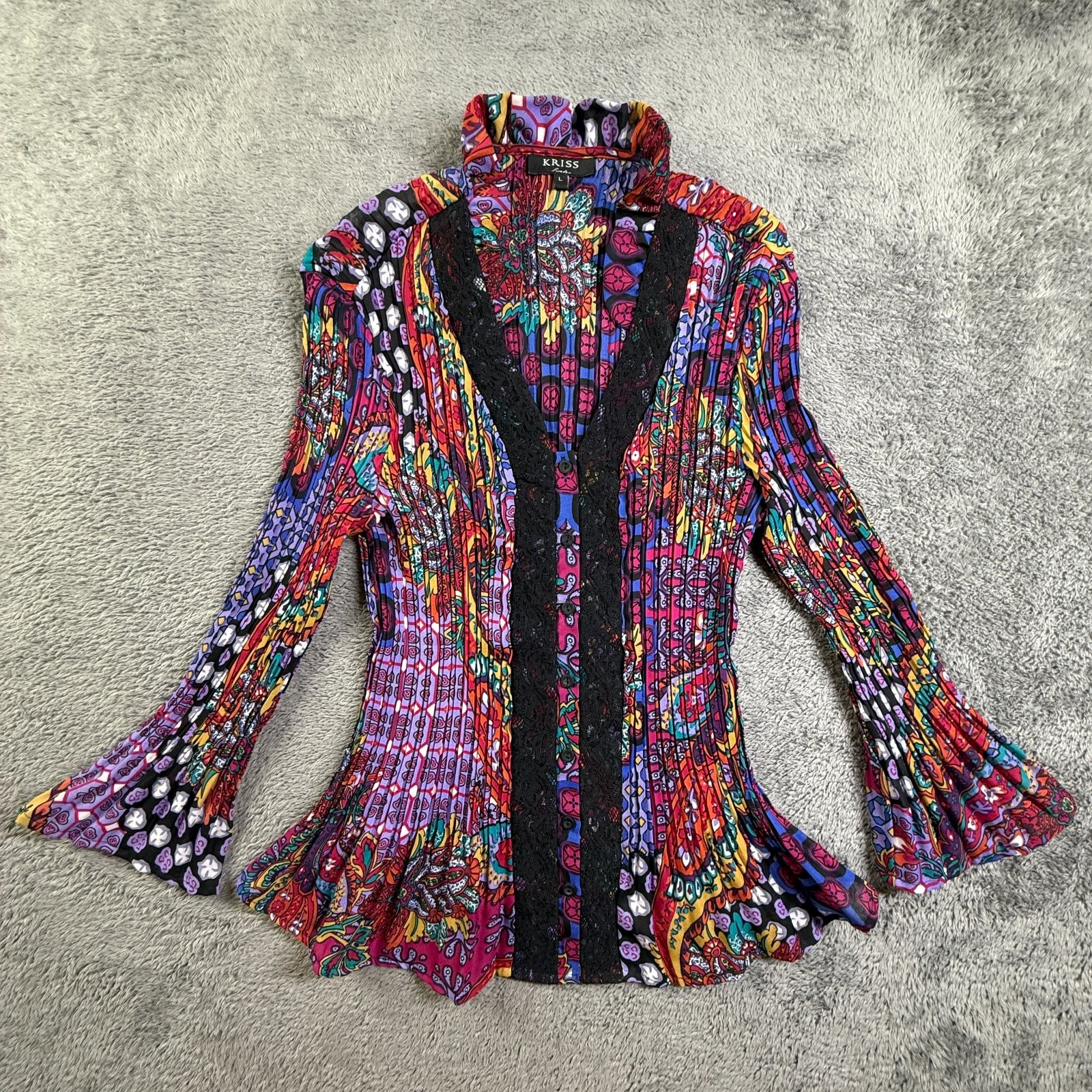Kriss Sweden L Womens Stained Glass Print Lace Trim Button Blouse Fairy Goth