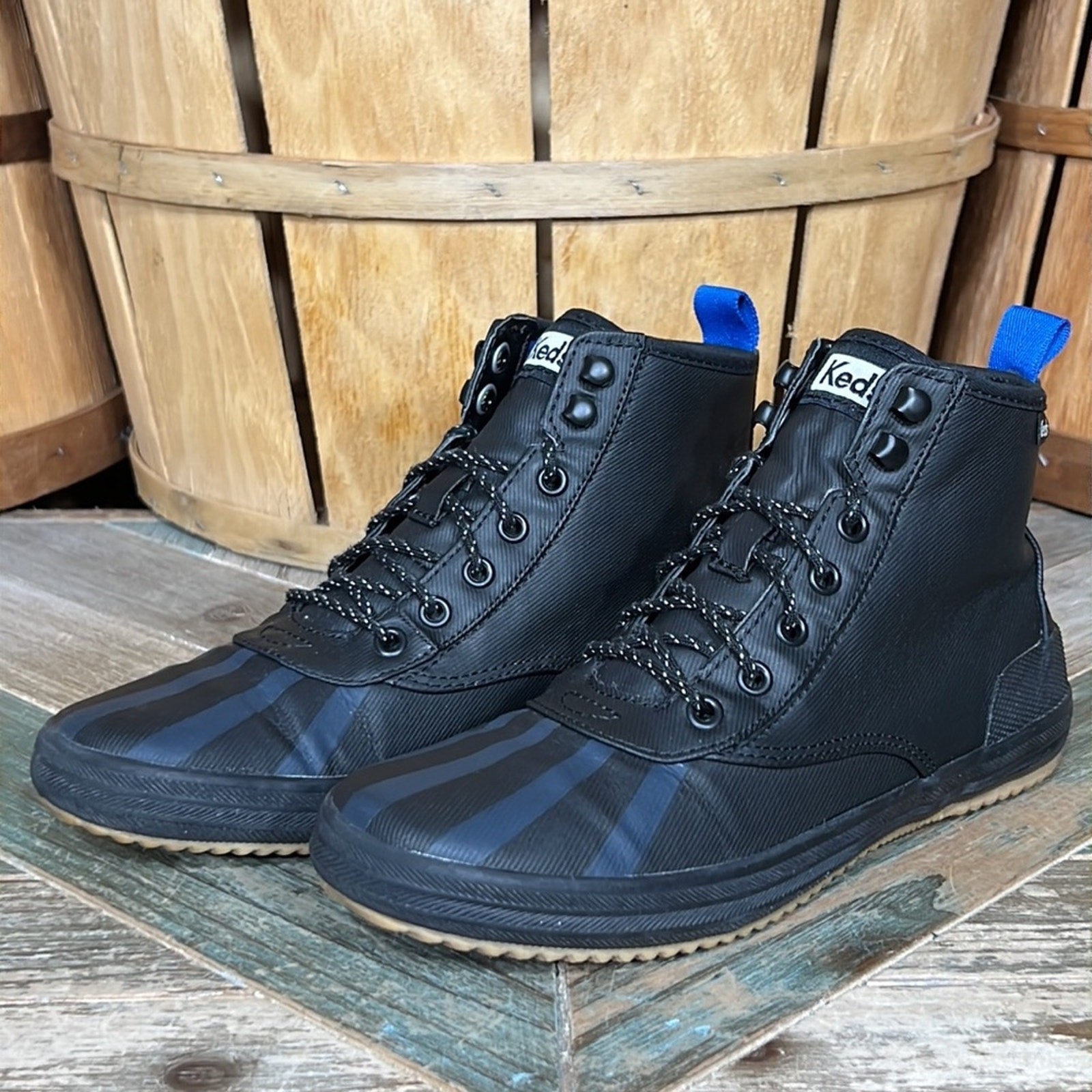 Keds Scout Splash Black Blue Water Resistant Twill Waxed Canvas Boots Womens 6