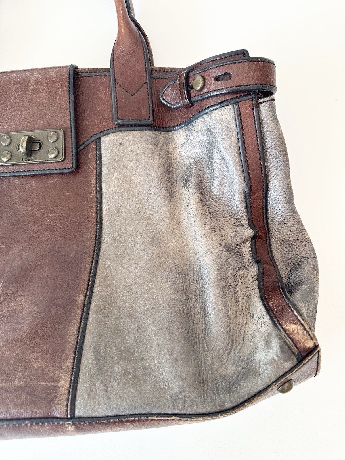 Fossil Colorblock Tote Bag Brown Gray Turn Lock Large Bottom Studs Inner Pockets