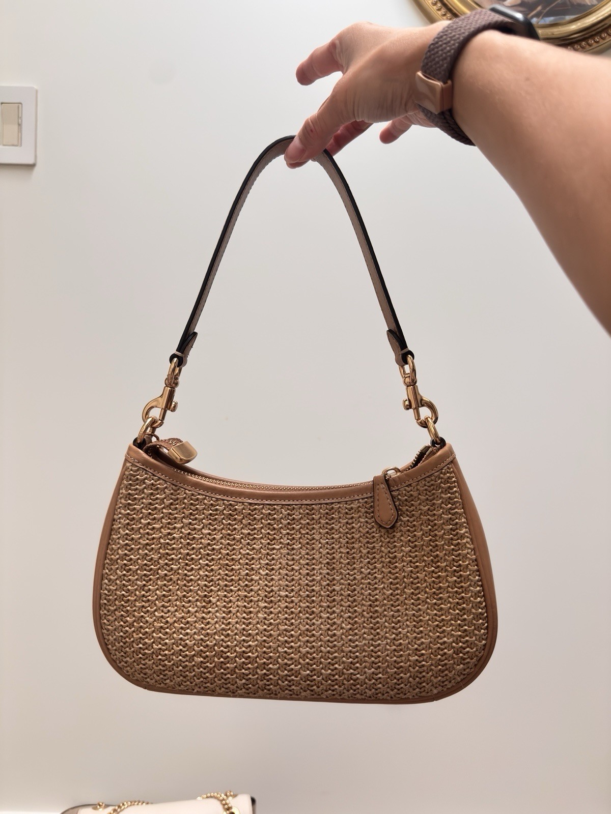 Coach Tan Woven Teri Shoulder Bag with Gold Hardware and Cherry Charm