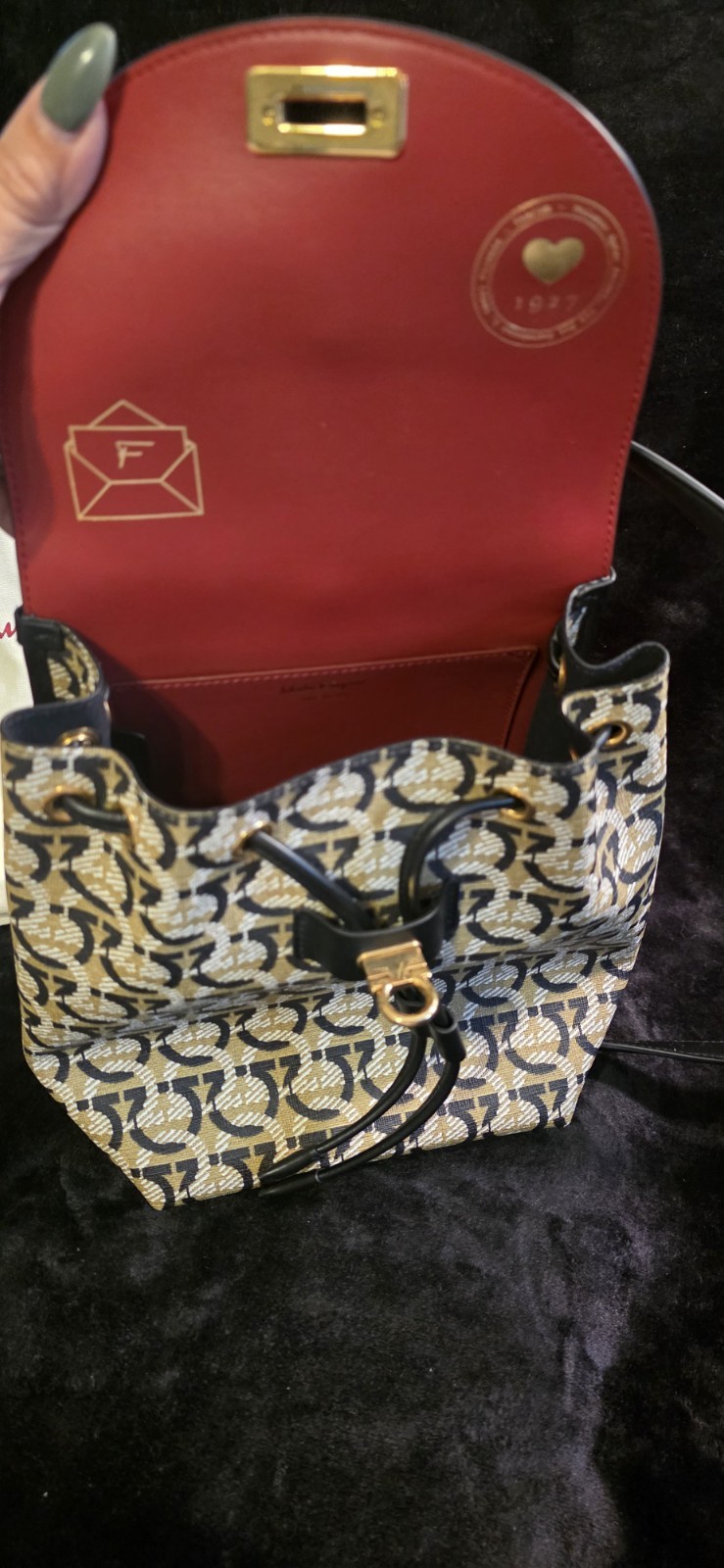 Salvatore Ferragamo Tan Monogram Backpack with Black Trim