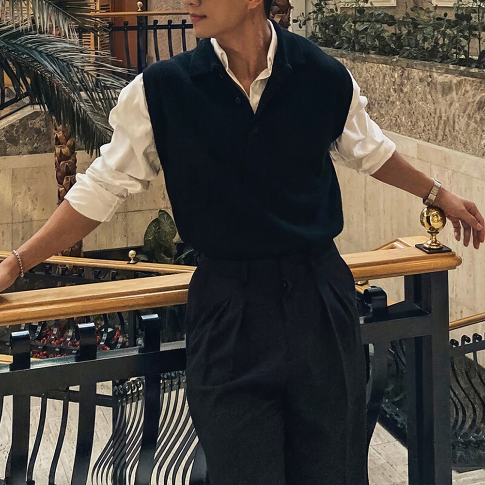 Men Sleeveless Sweater Vest Knitted Pullover with Lapel for Casual
