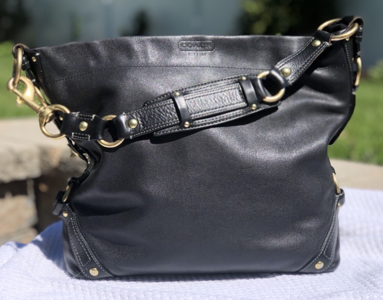 Vintage Coach Carly Large Black Leather Shoulder Bag Brass Chunky Hardware 10616