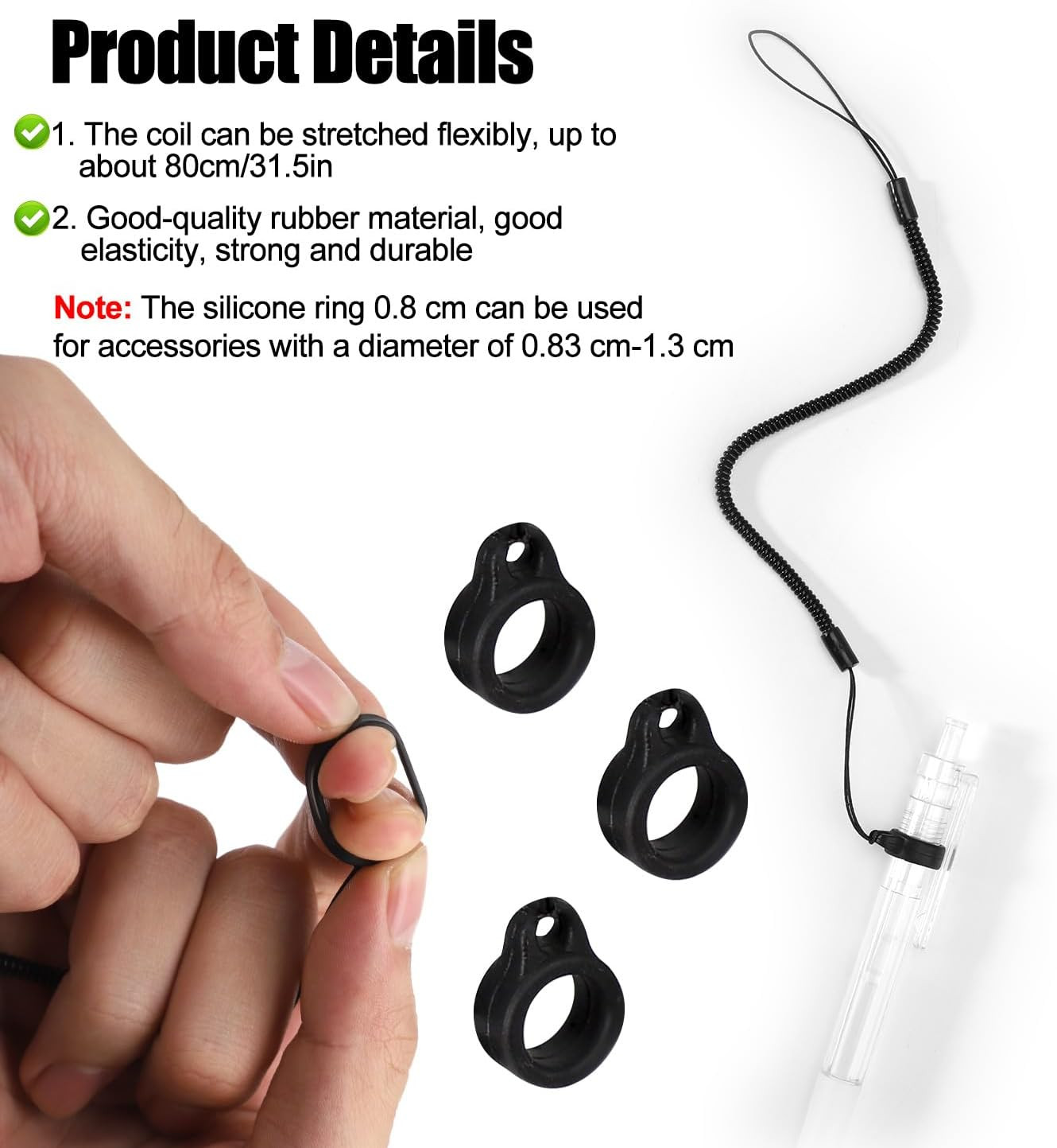 10pcs Pen Lanyards, Elastic Lanyard Tether with Silicone Rings Retractable Stylu